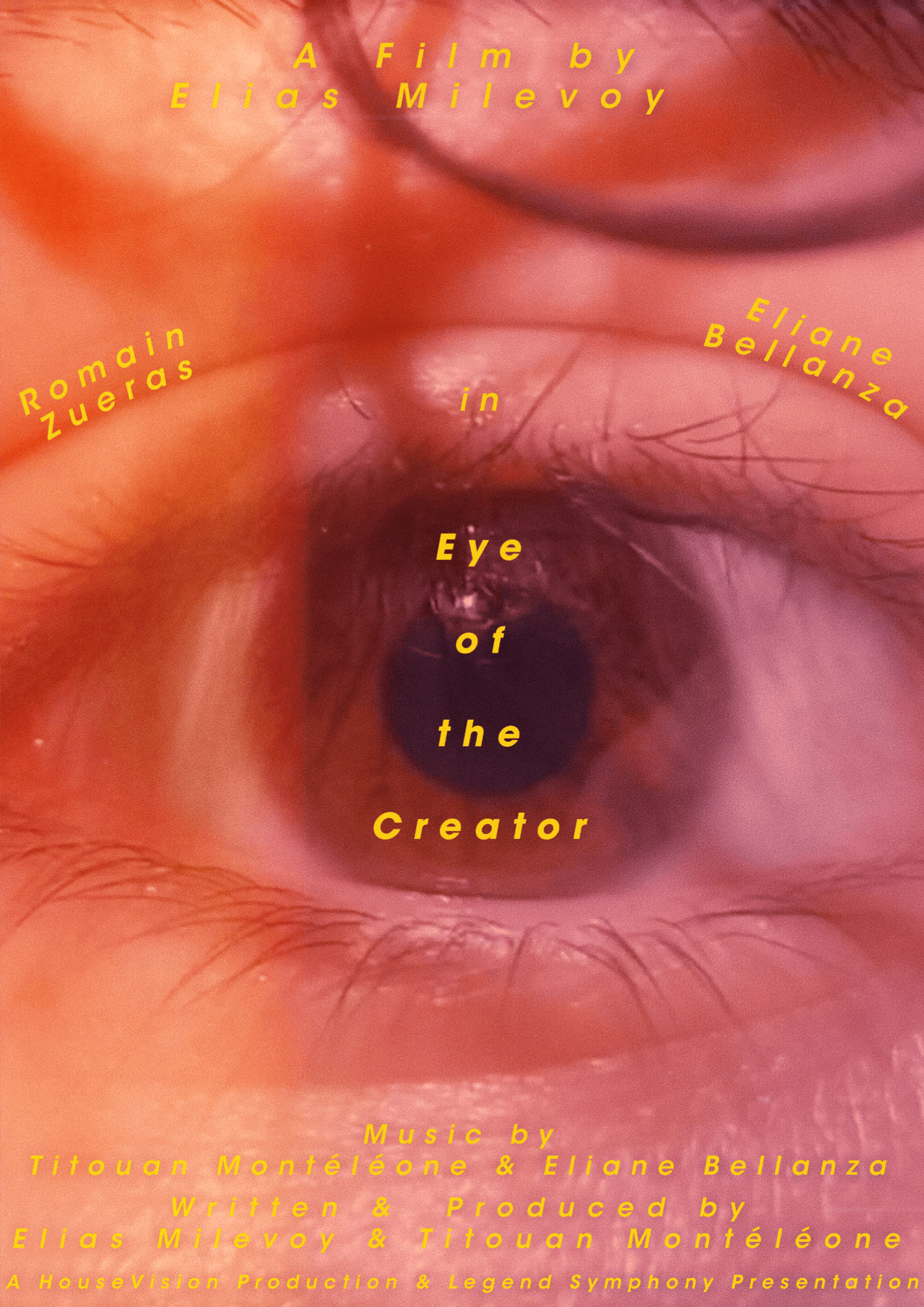 L'affiche d'Eye of the Creator qui a une teinte rose/orange et où il y a un œil grand ouvert en gros plan. Tout autour de l'image se trouve du texte jaune.